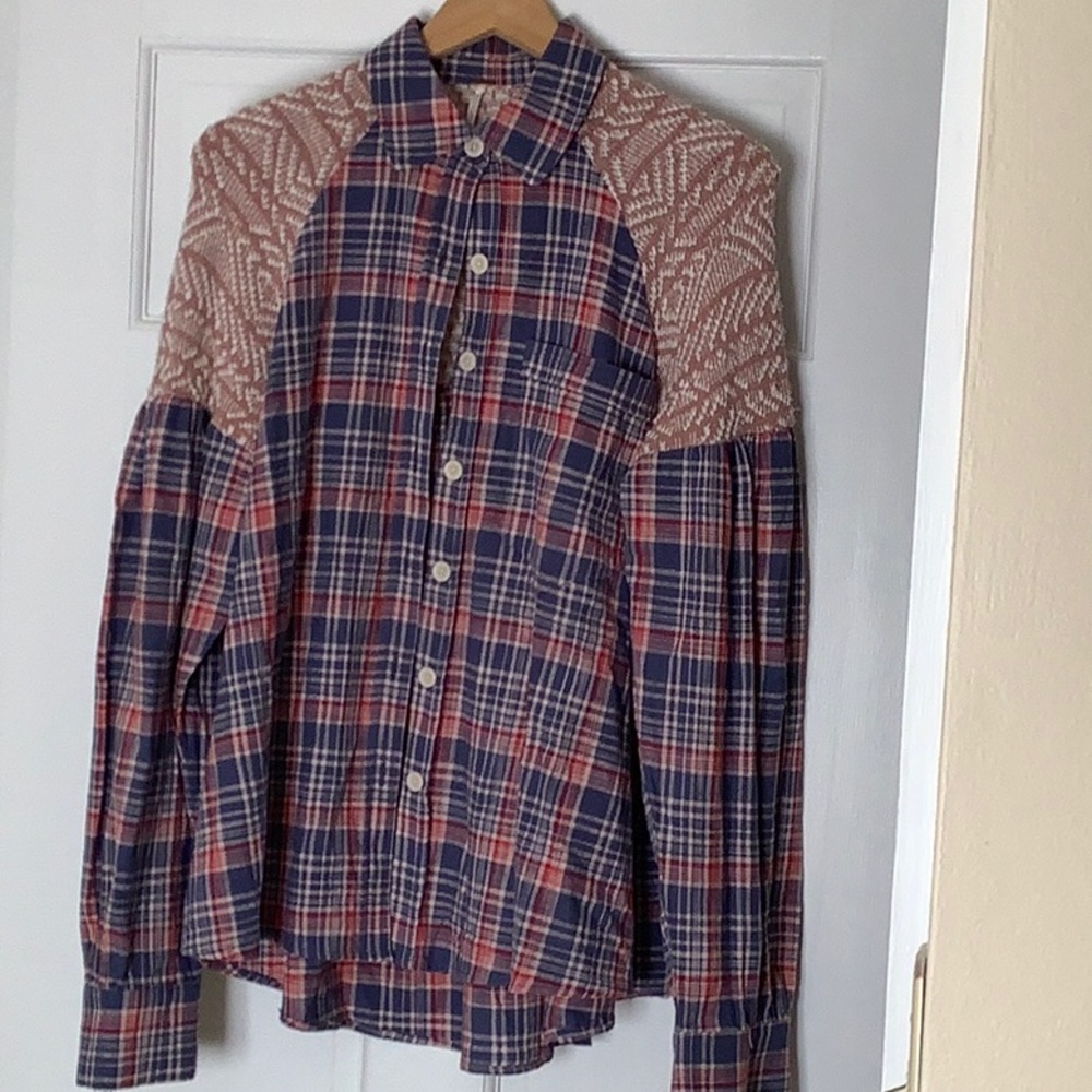Plaid blouse with knit shoulders and back yoke.